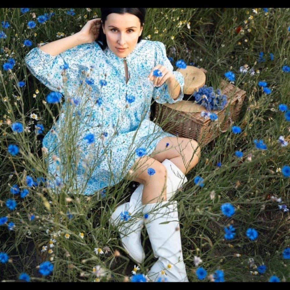 NEW Zara Poplin Blue Mini Dress Floral Printed S